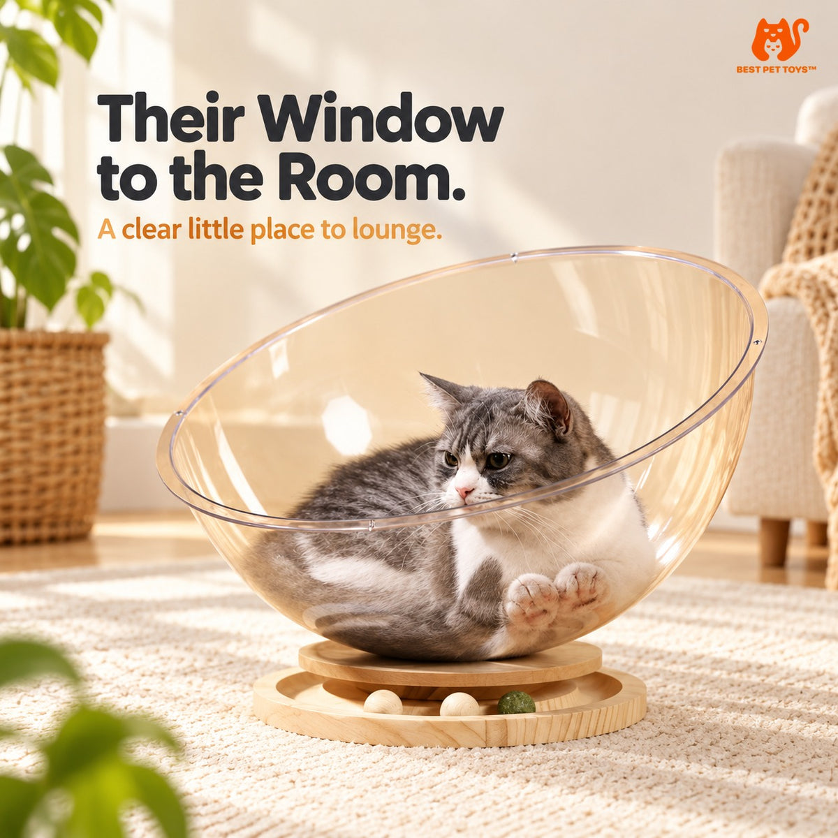 Cat lounging in the clear open Space Capsule Cat Bed on a wooden ball-track base