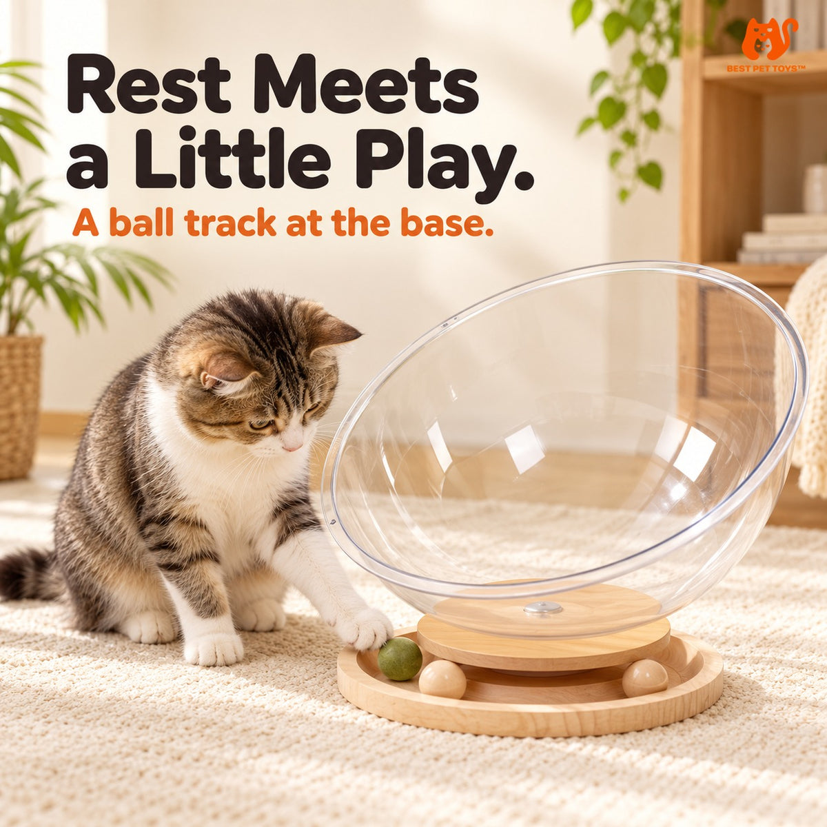 Cat reaching for a rolling ball in the Space Capsule Cat Bed base