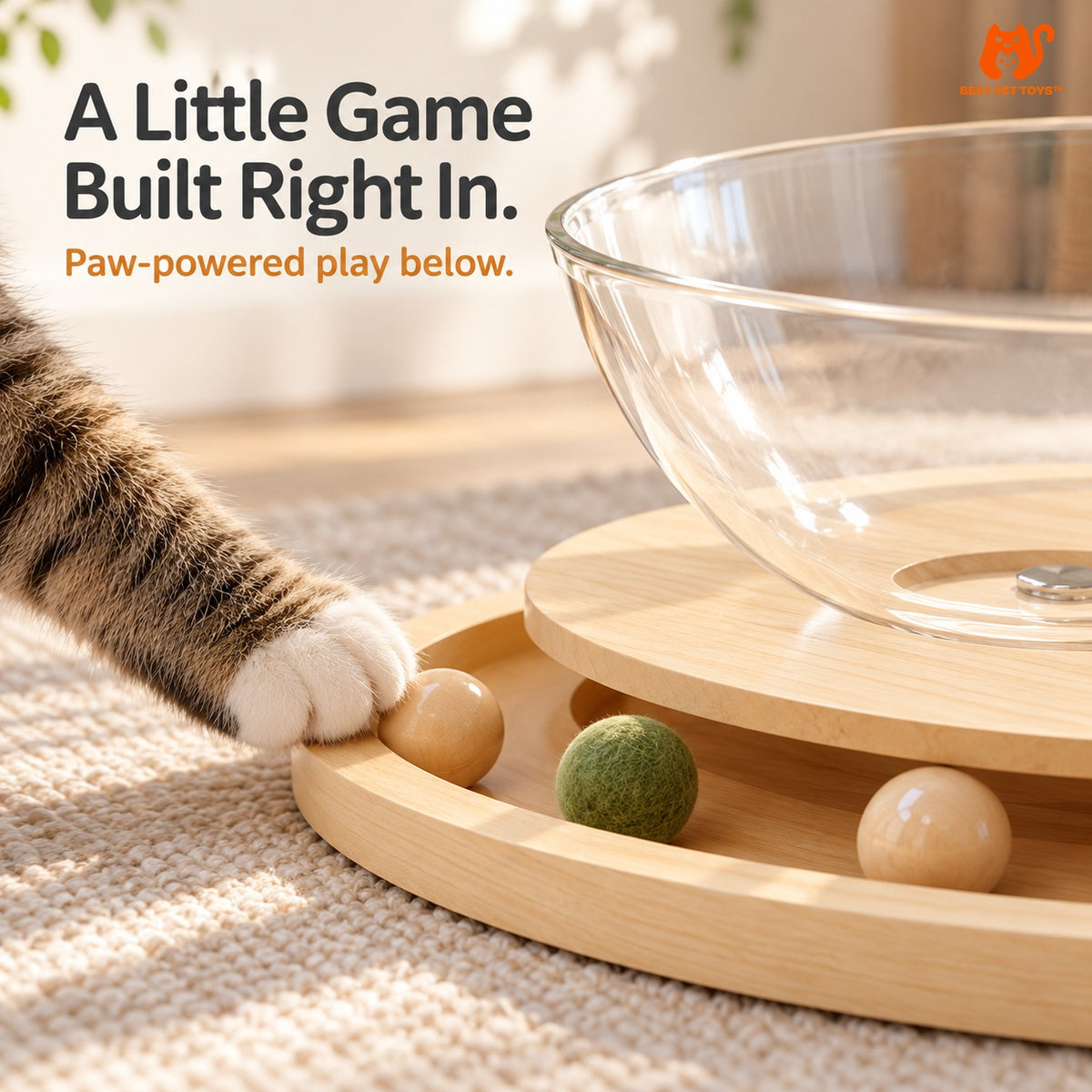 Close-up of the wooden interactive ball track at the cat bed base