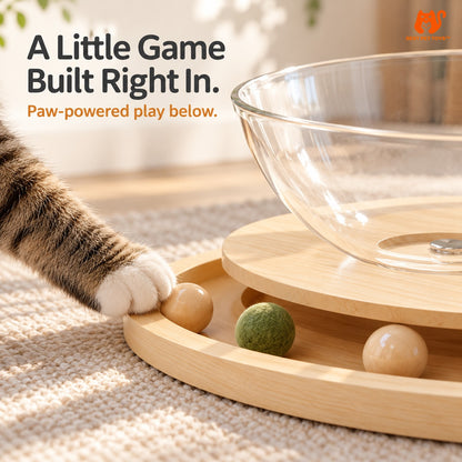Close-up of the wooden interactive ball track at the cat bed base