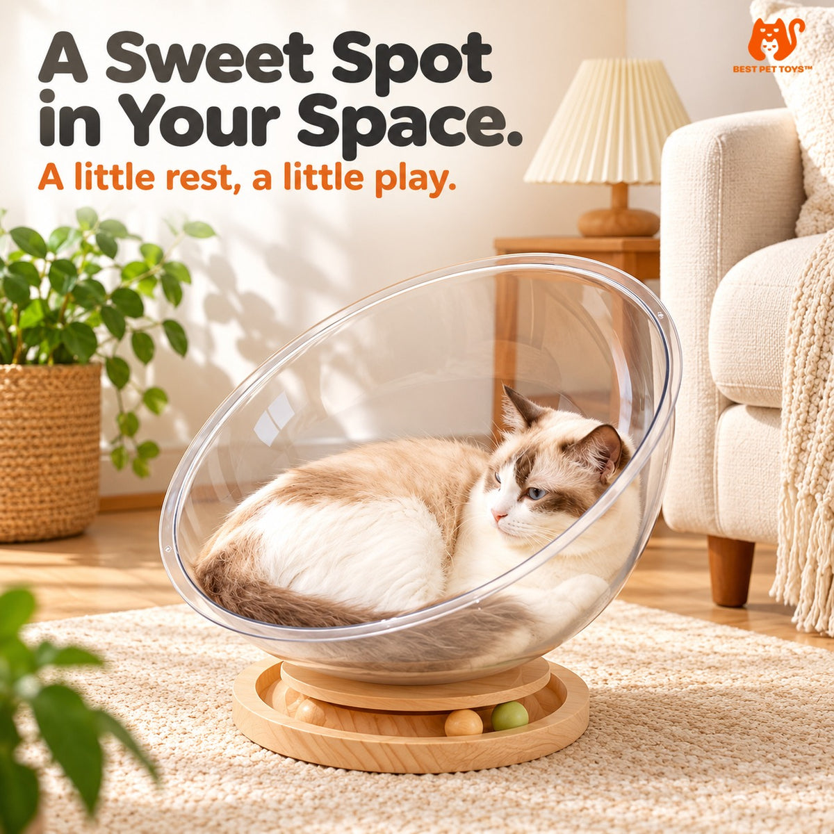 Cat curled in the clear Space Capsule Cat Bed in a living room