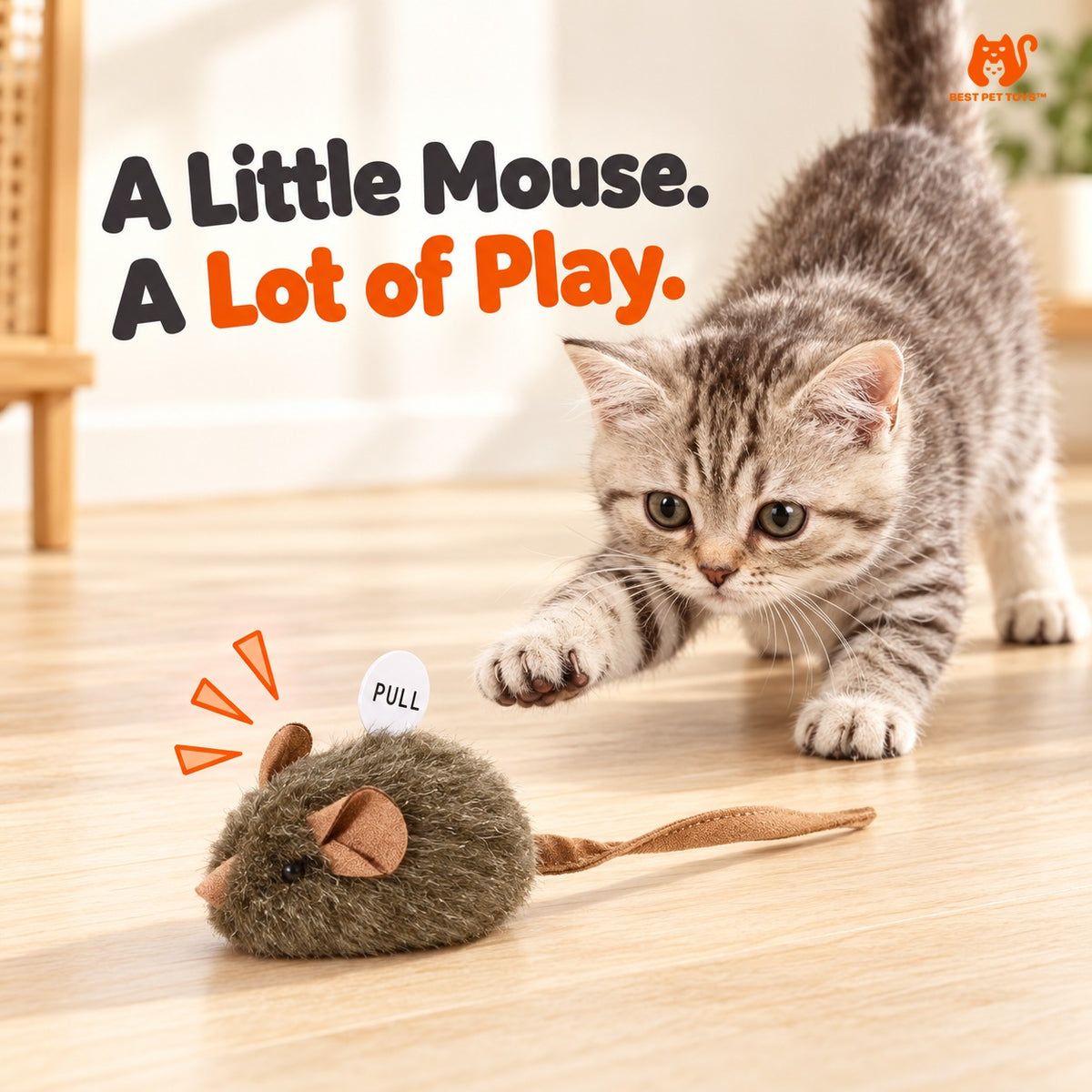 One squeaky plush mouse cat toy with cat reaching toward it