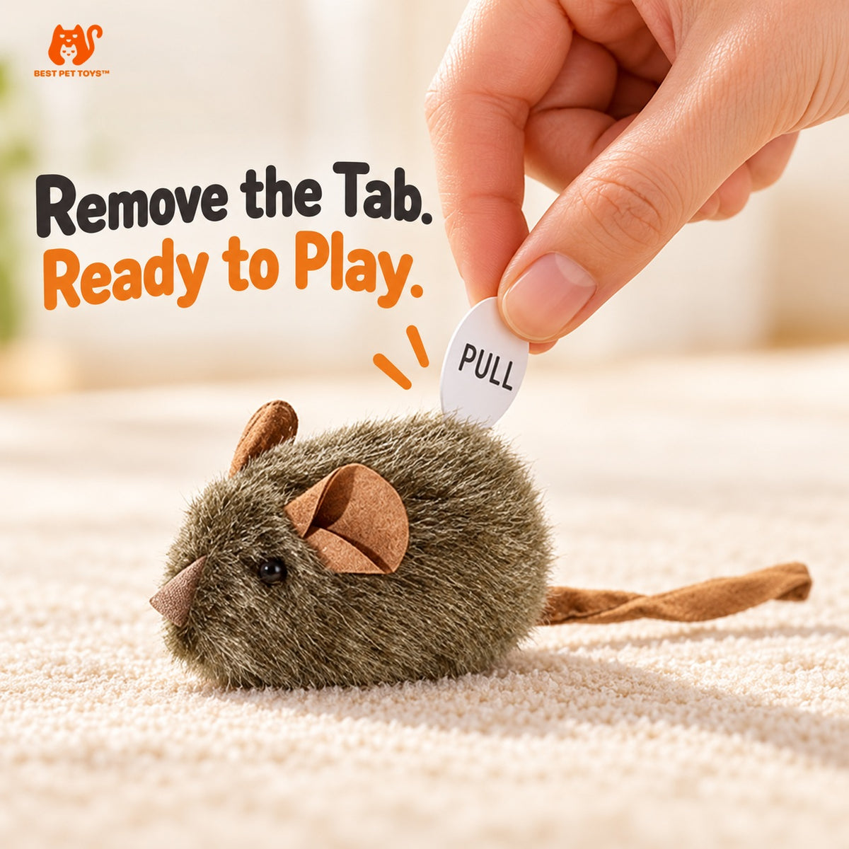 Removing the activation tab from the top of one plush mouse toy