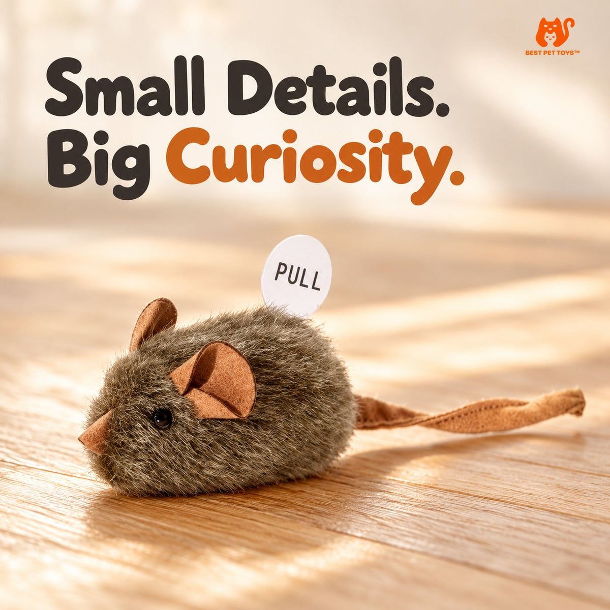 Close-up of one gray plush mouse toy with fabric ears and tail