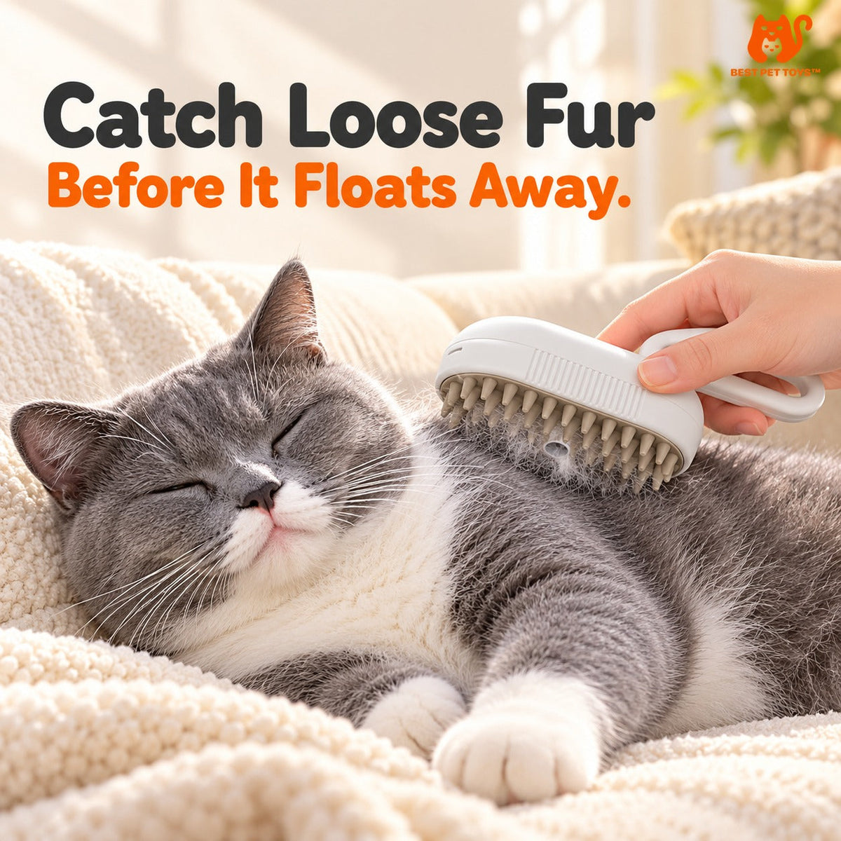 White mist cat brush picking up loose fur