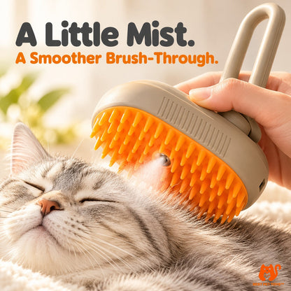Brown cat brush with mist nozzle and soft silicone teeth