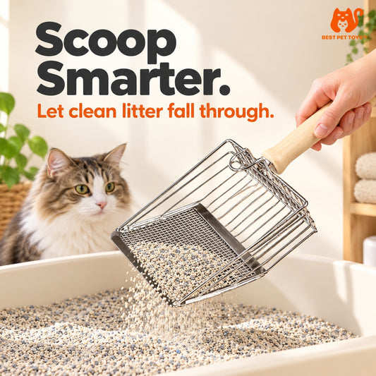 Wood-handle stainless steel litter scoop sifting clean litter