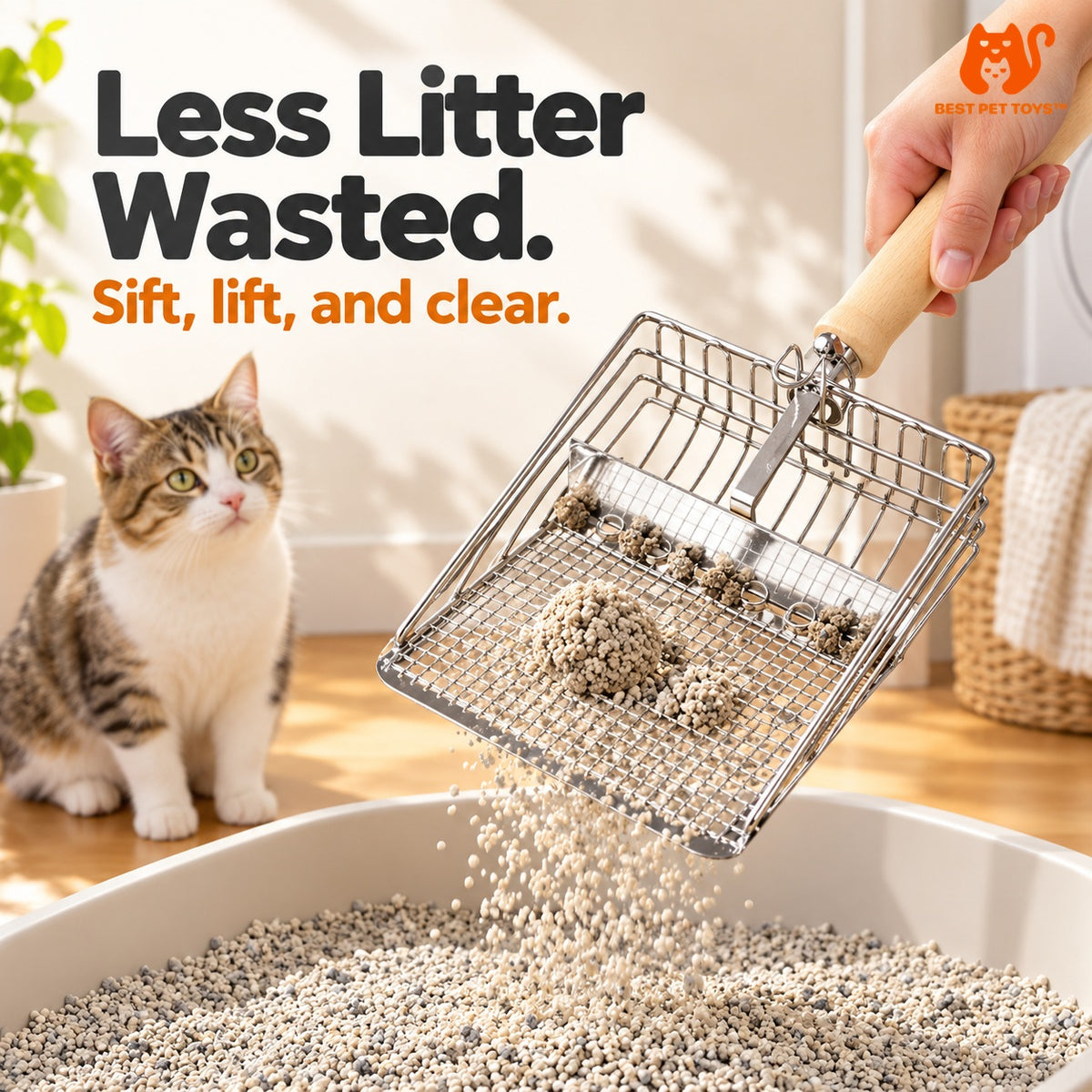 Wood-handle litter scoop holding clumps while clean litter falls through
