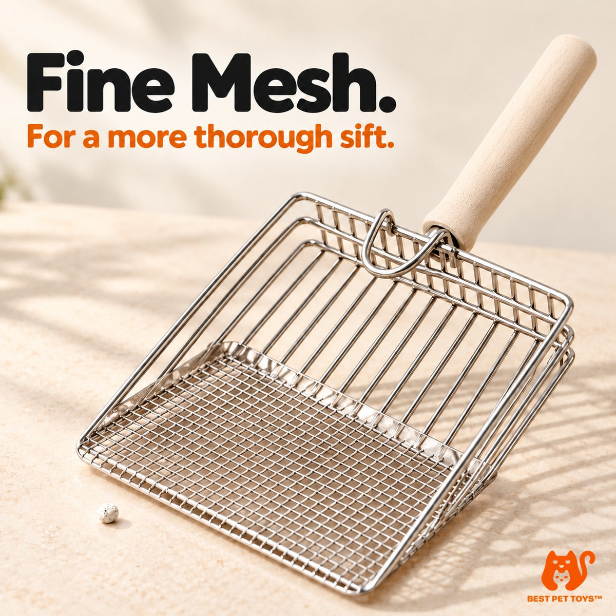 Fine mesh and wire basket detail on A1 wood-handle litter scoop