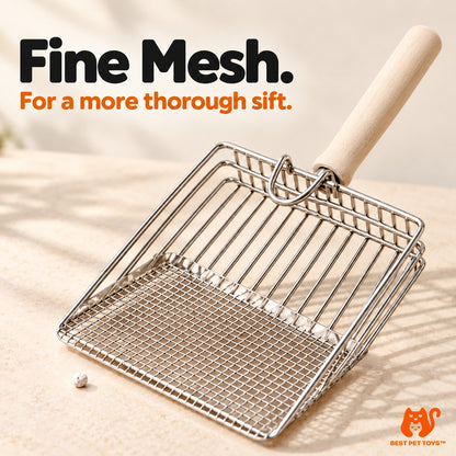 Fine mesh and wire basket detail on A1 wood-handle litter scoop