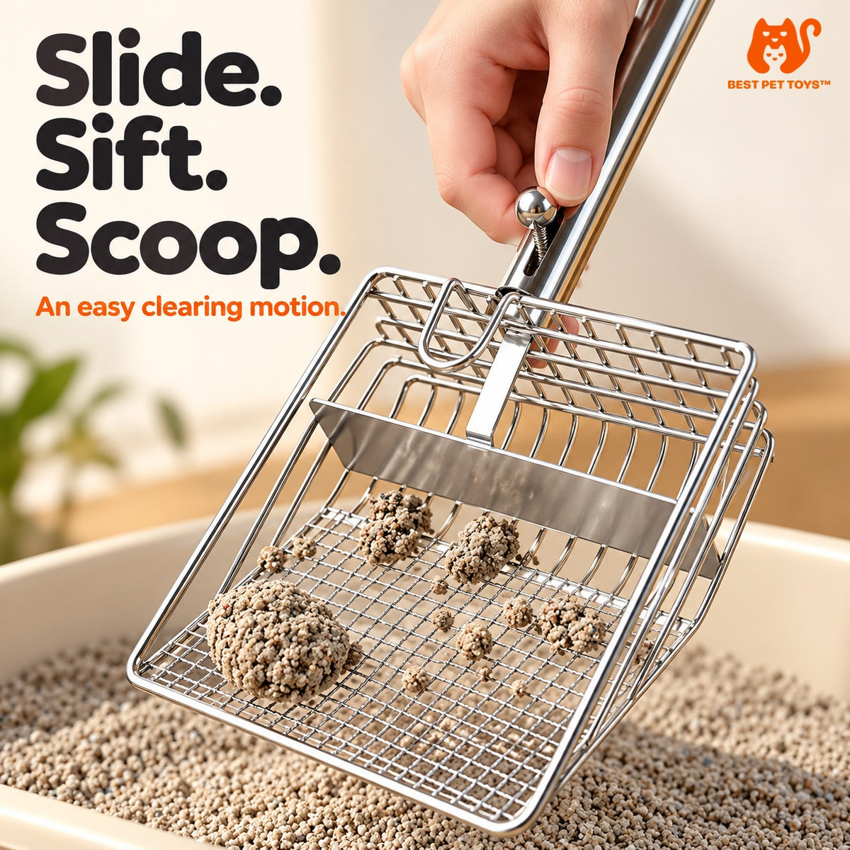 Steel-handle litter scoop showing sliding baffle mechanism