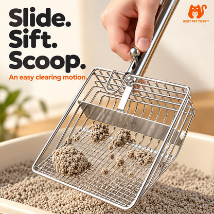 Steel-handle litter scoop showing sliding baffle mechanism