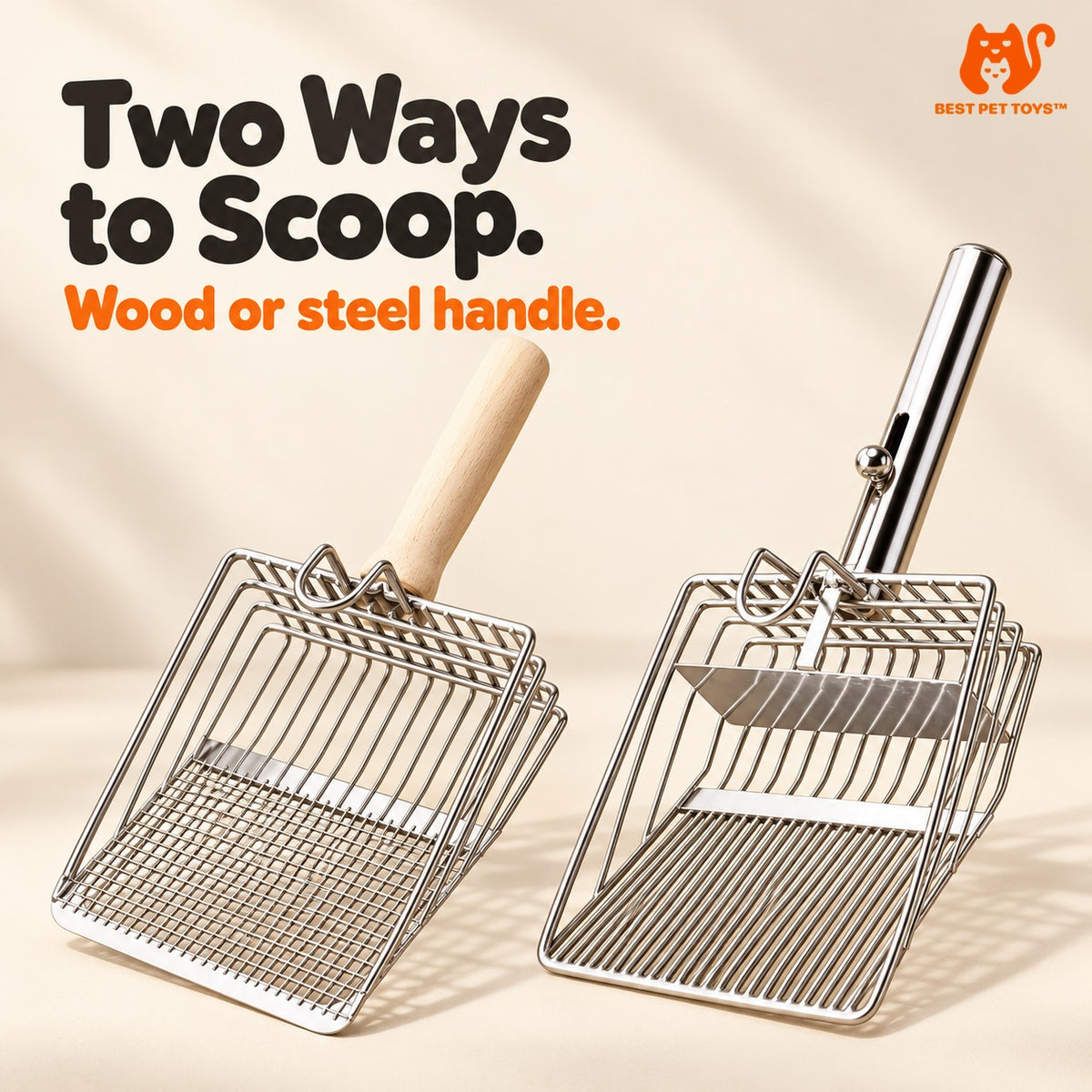 Wood-handle and steel-handle litter scoop options side by side