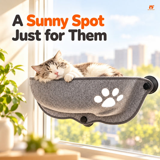 Gray felt suction-cup cat window hammock with cat lounging in sunlight