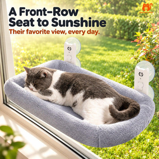 Gray suction cup window cat hammock with cat resting in sunlight