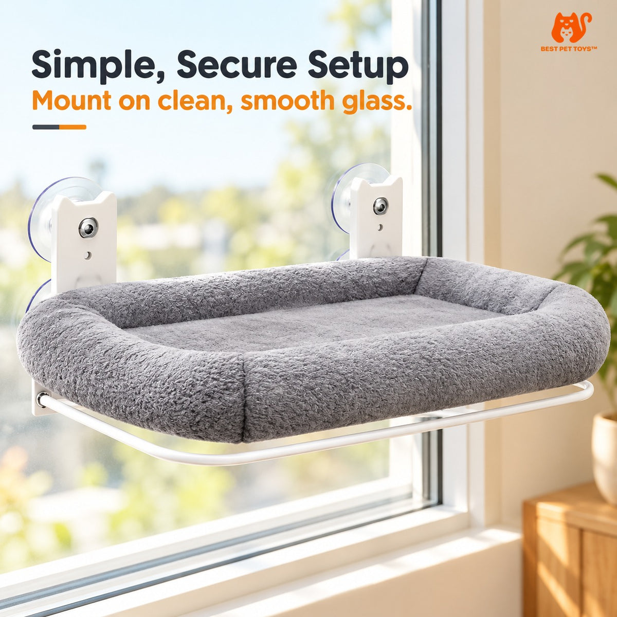 Gray window cat hammock showing two suction cup brackets and support frame
