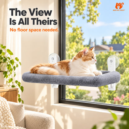 Cat enjoying the view from gray window hammock