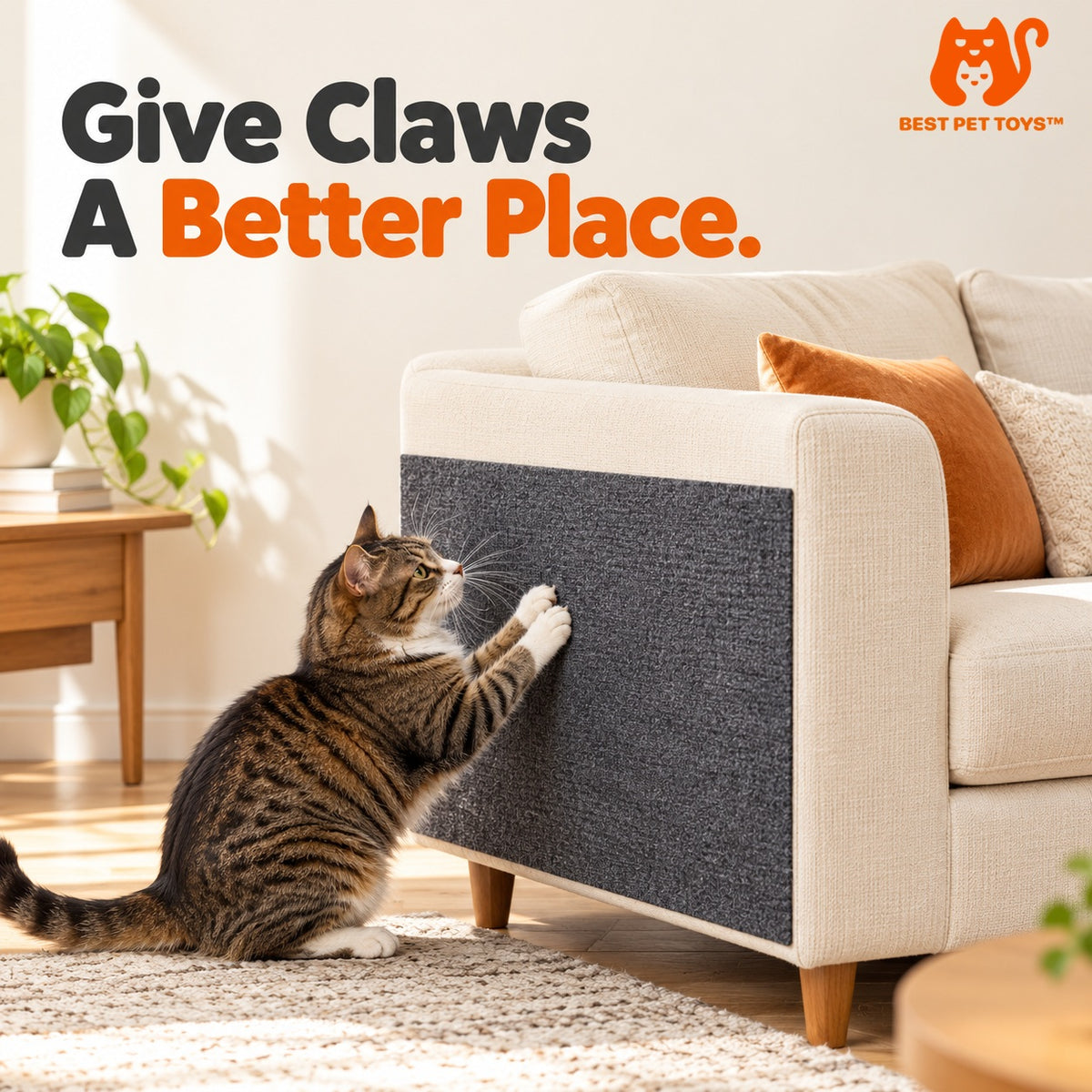 Cat scratching dark gray self-adhesive fabric pad on sofa