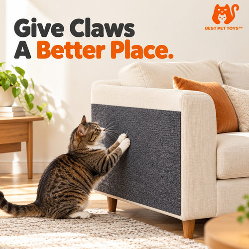 Cat scratching dark gray self-adhesive fabric pad on sofa