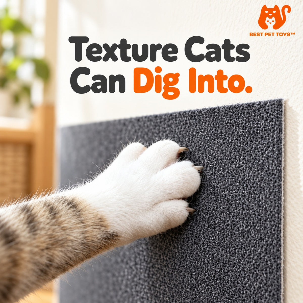 Close-up of cat paw and dark gray nonwoven scratch fabric