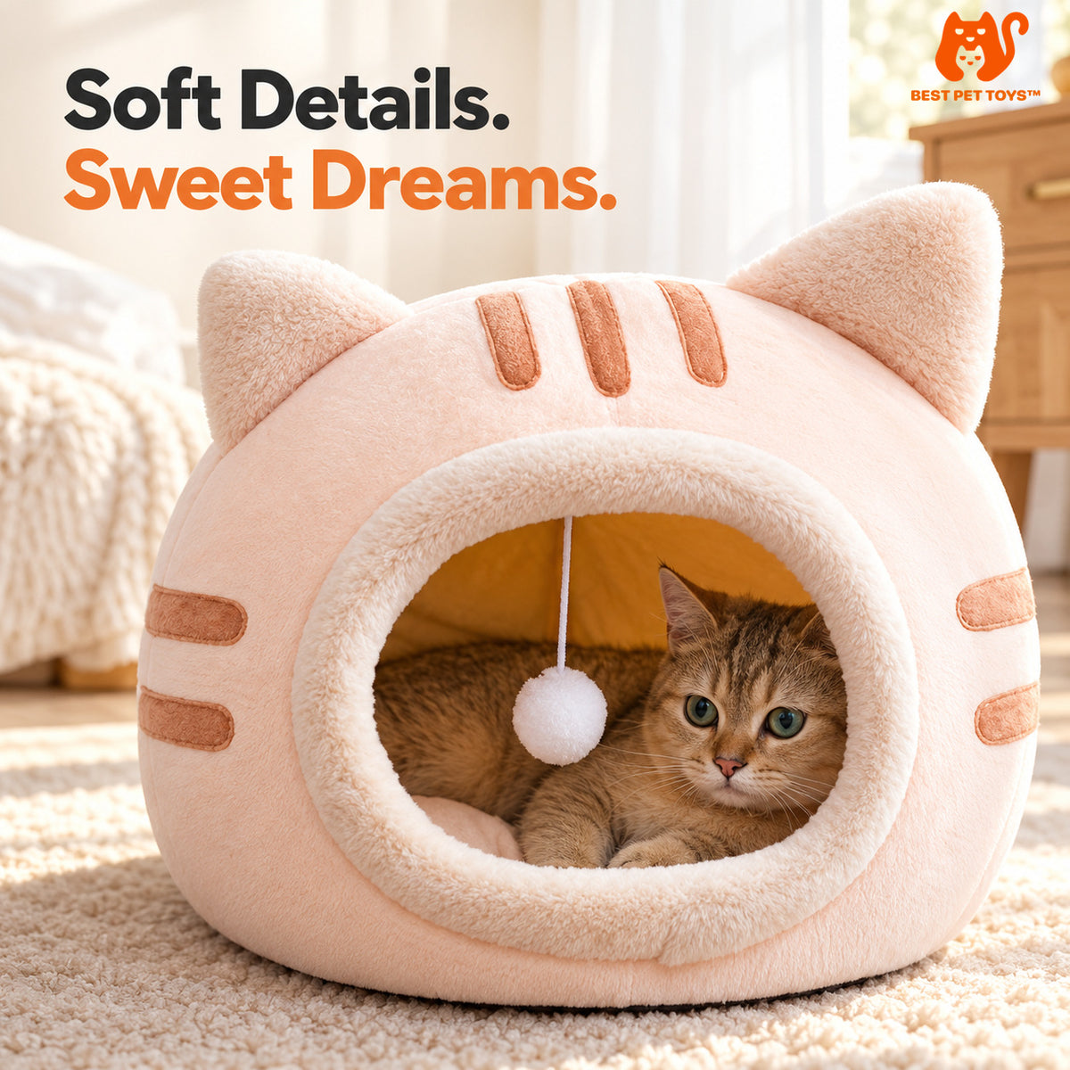 Soft plush entrance, cat ears and pompom detail on pink cat bed