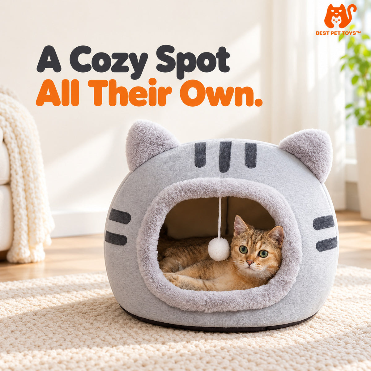 Gray Whisker Haven cat cave bed with cat inside