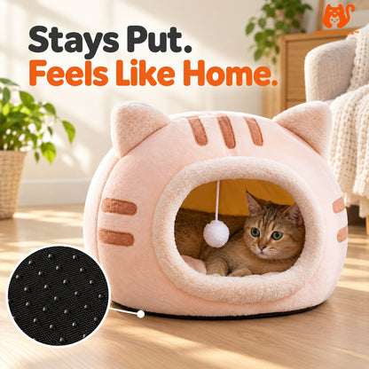 Pink cat cave bed and nonslip dotted base detail
