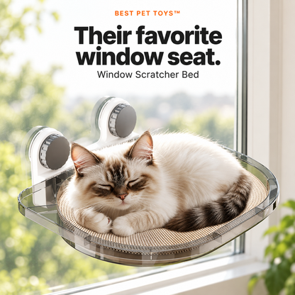 Cat resting on the gray Best Pet Toys Window Scratcher Bed with scratcher insert