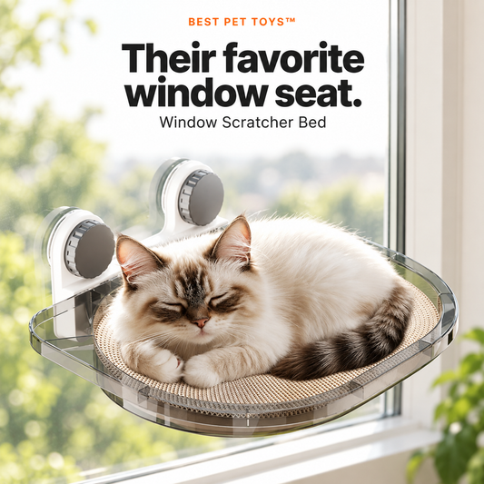 Cat resting on the gray Best Pet Toys Window Scratcher Bed with scratcher insert