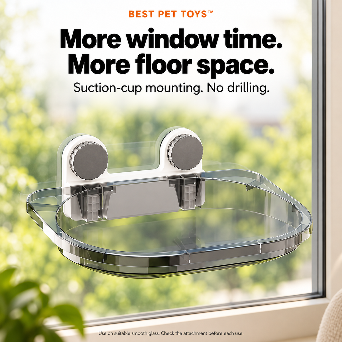 Gray window cat perch with two suction-cup mounts on smooth glass