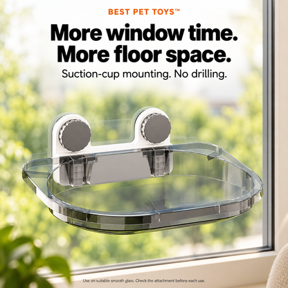 Gray window cat perch with two suction-cup mounts on smooth glass