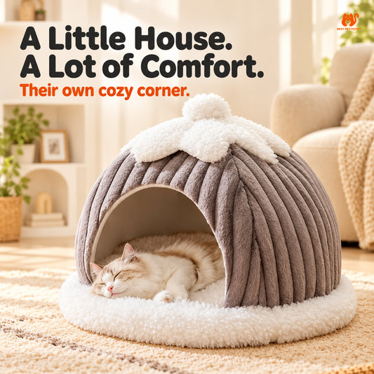 Gray Cozy Cave Bed with cat sleeping in dome pet house