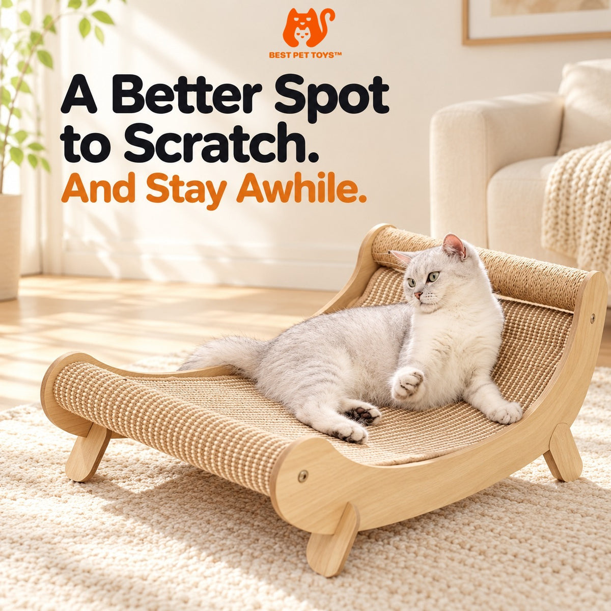 Cat relaxing on Best Pet Toys wooden scratcher bed