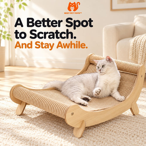 Cat relaxing on Best Pet Toys wooden scratcher bed
