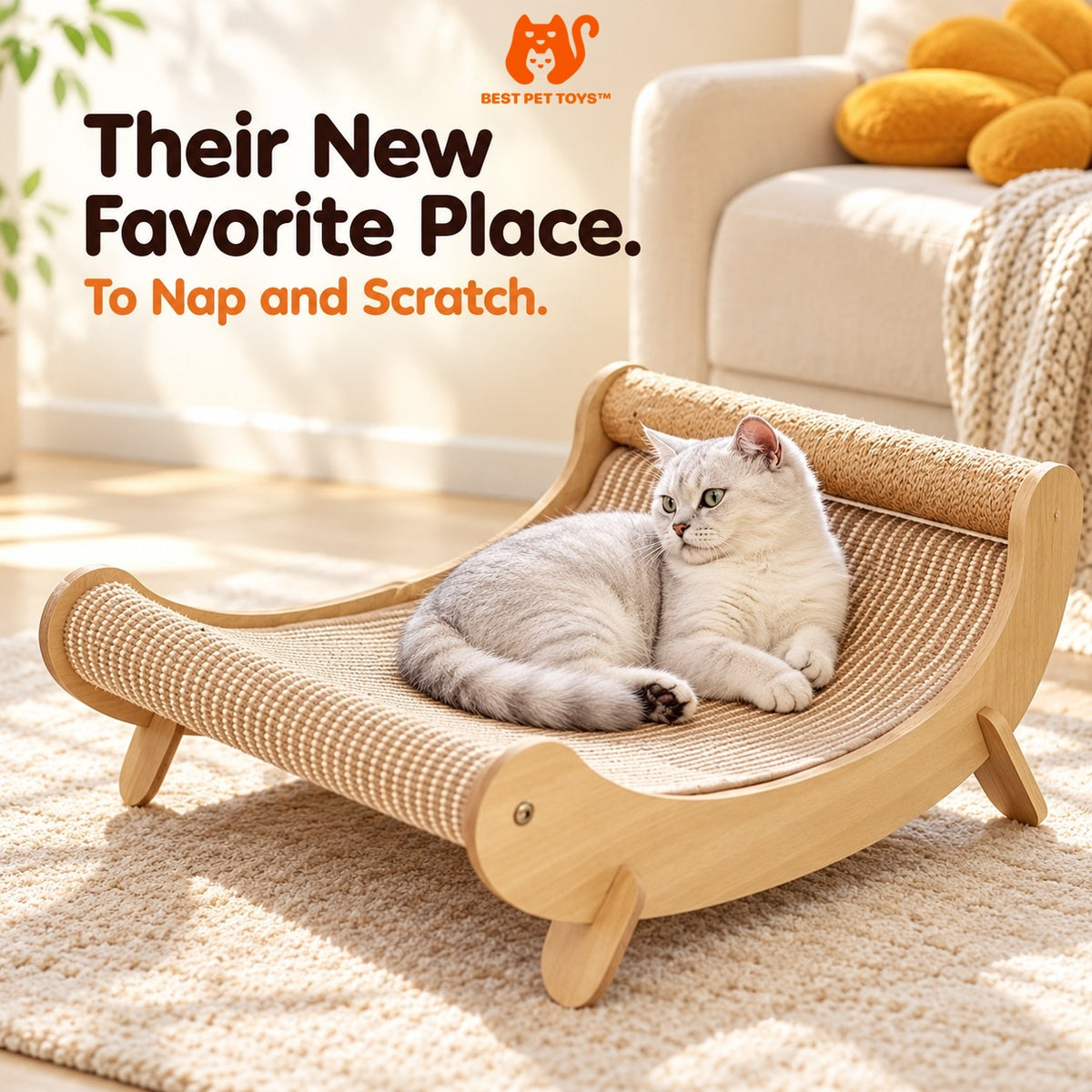 Cat lounging on curved wooden scratcher bed