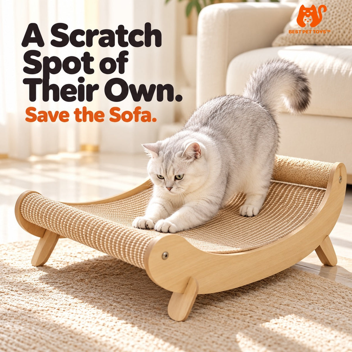 Cat scratching the woven mat on the wooden bed