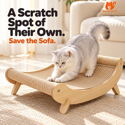 Cat scratching the woven mat on the wooden bed