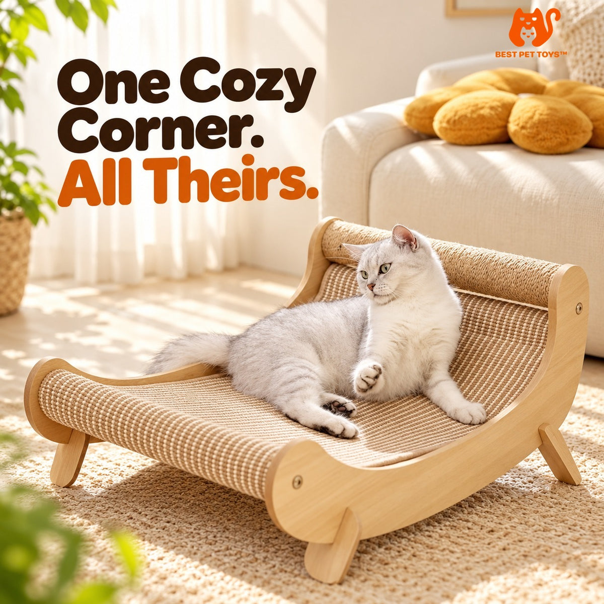 Wooden scratcher bed beside a sofa