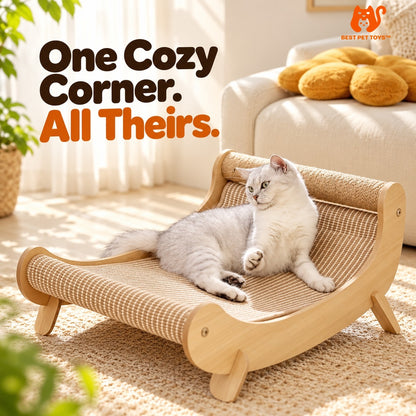 Wooden scratcher bed beside a sofa