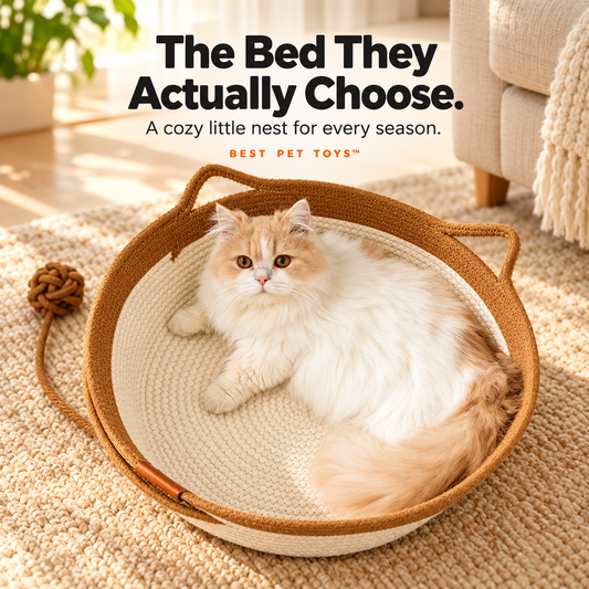 Brown woven rope cat bed with cat inside