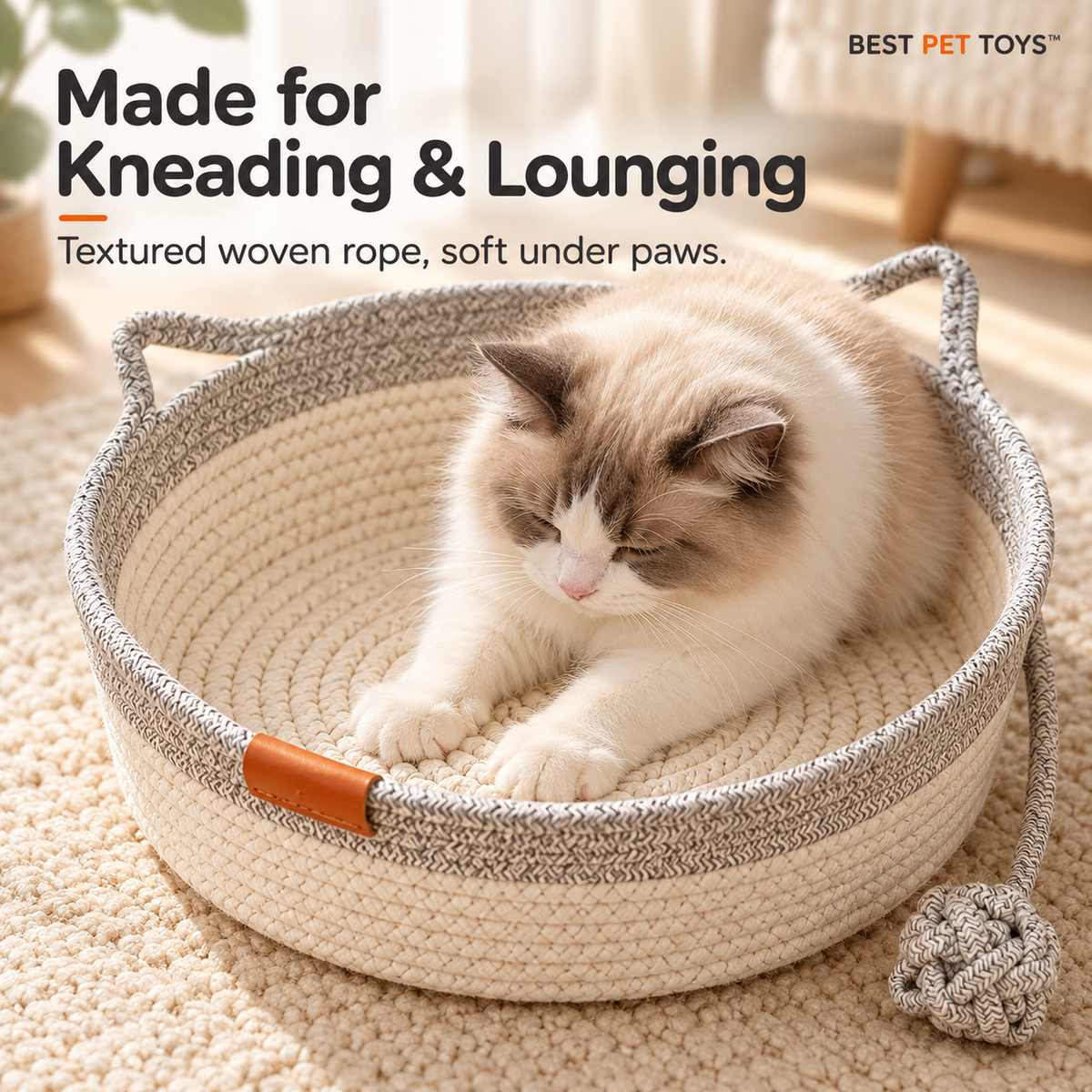 Gray woven rope cat bed with kneading cat