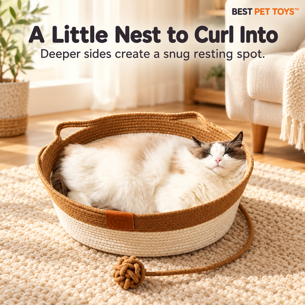 Deep brown woven rope cat nest with lounging cat