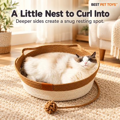 Deep brown woven rope cat nest with lounging cat