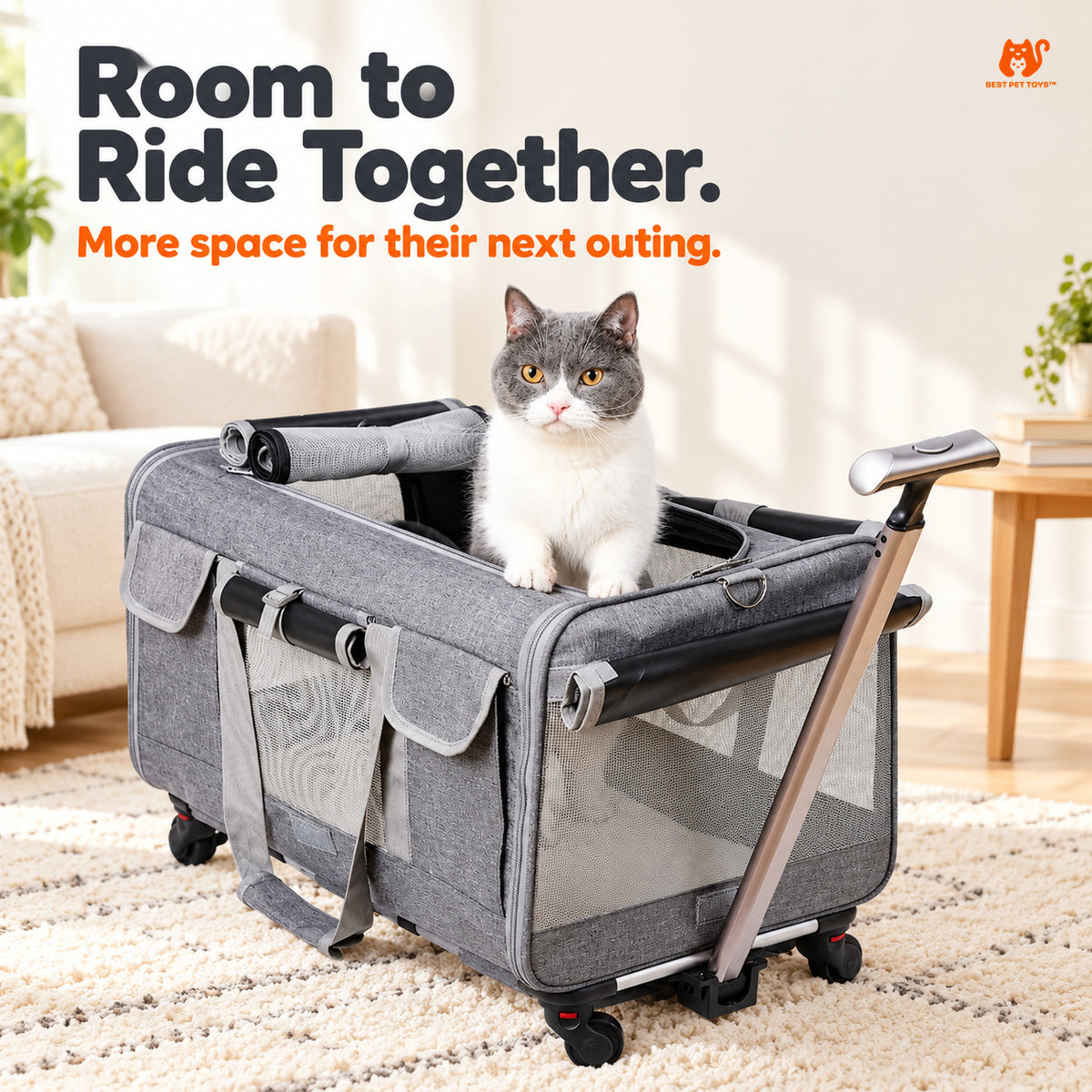 Gray XL pet trolley carrier with cat at top opening