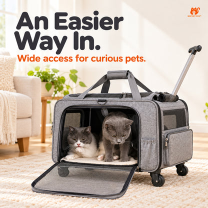 Gray XL pet trolley carrier with front mesh door open and two cats inside