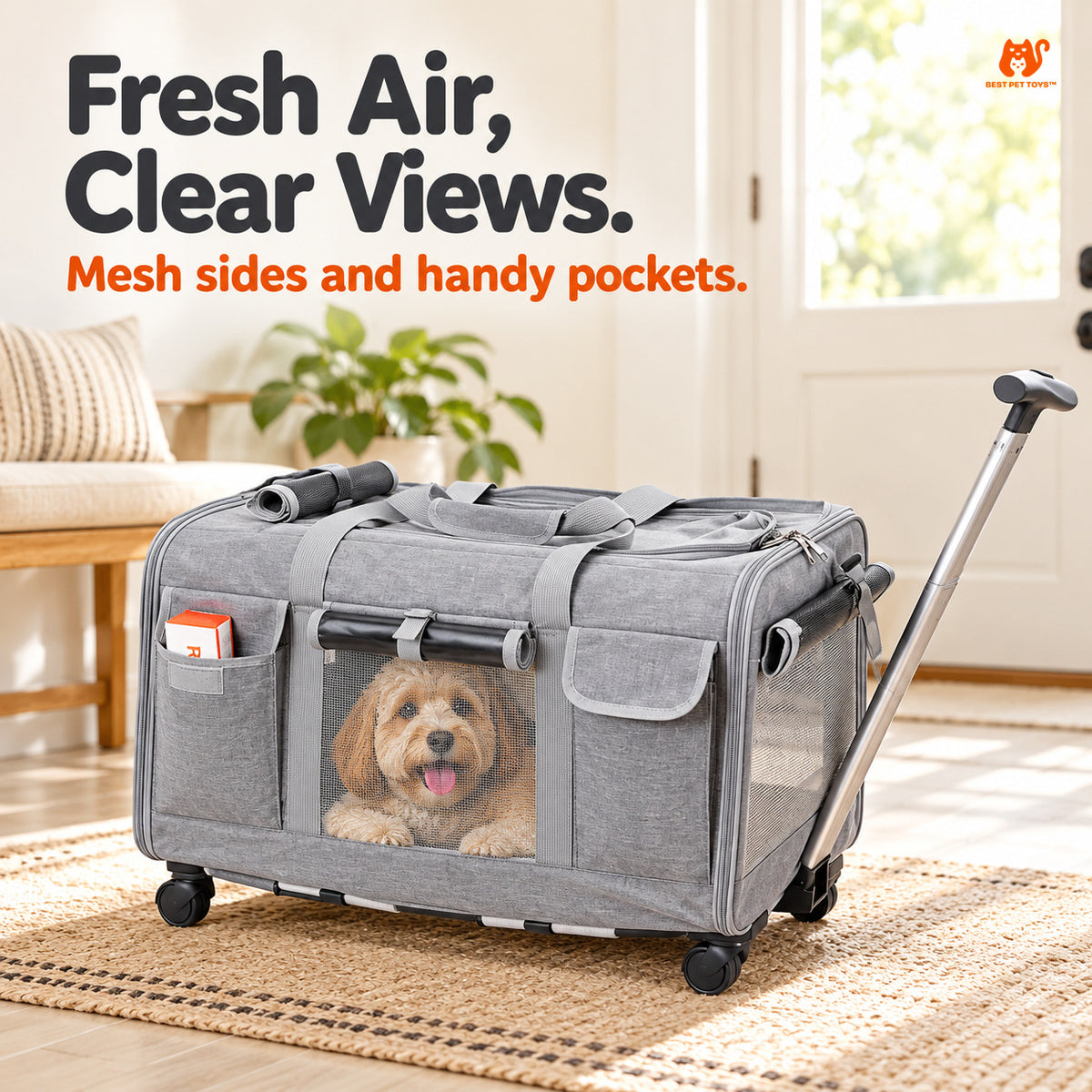 Gray XL pet trolley carrier showing mesh panels and side pockets