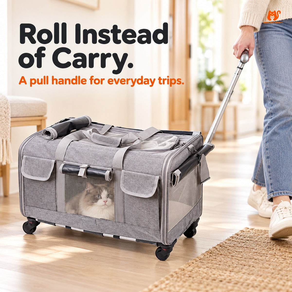 Gray XL pet trolley carrier rolling on four wheels with pull handle