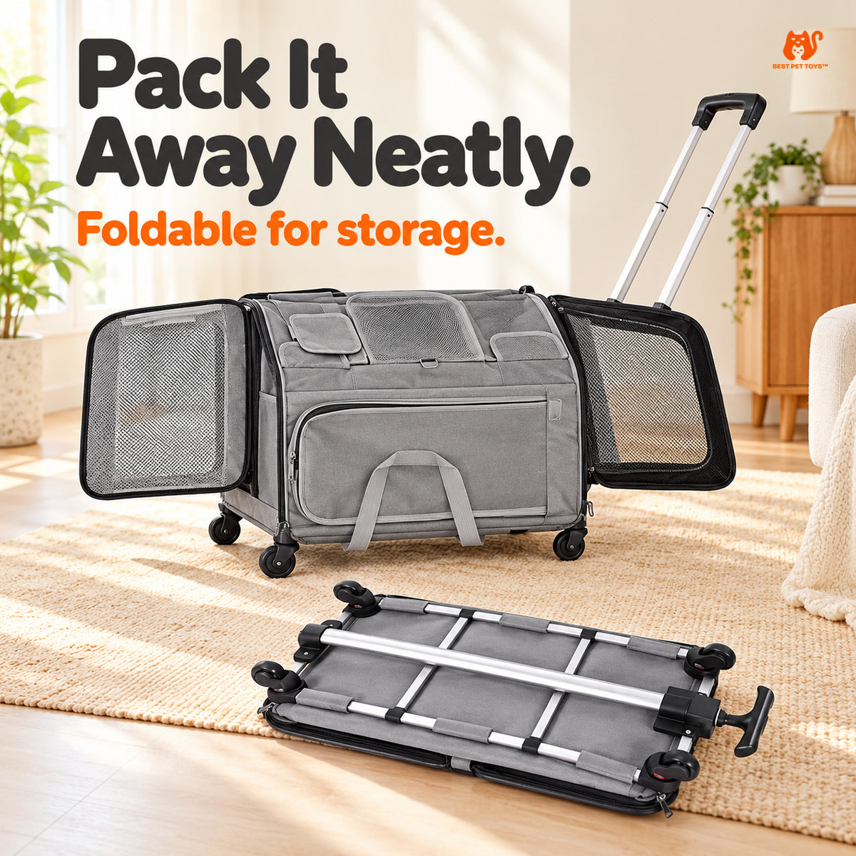 Gray foldable pet trolley carrier showing storage frame