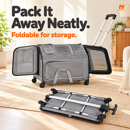 Gray foldable pet trolley carrier showing storage frame