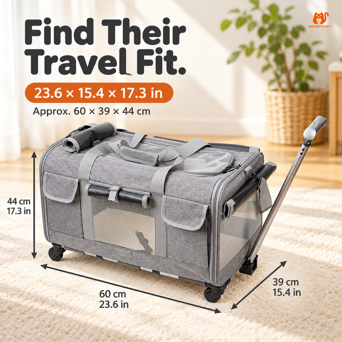 Gray XL pet trolley carrier size guide 23.6 by 15.4 by 17.3 inches